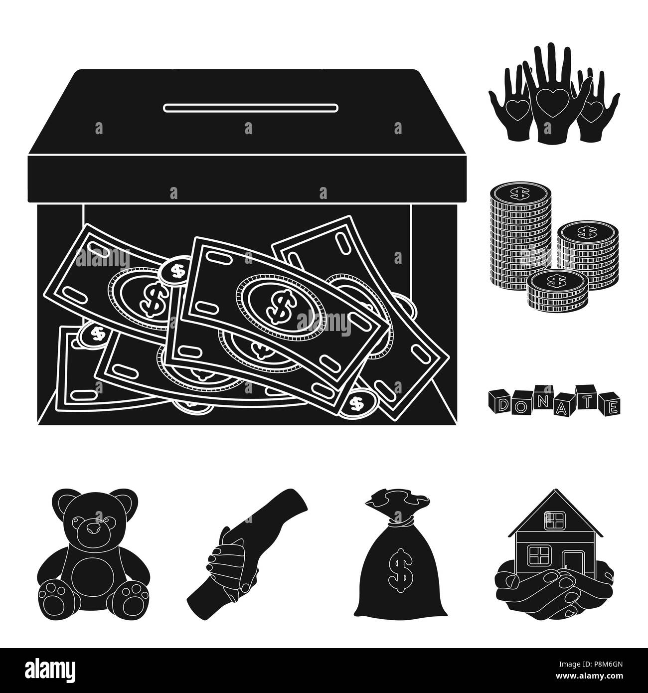 La carità e la donazione icone nere in set di raccolta per il design. Aiuto materiale vettore stock simbolo illustrazione. Illustrazione Vettoriale