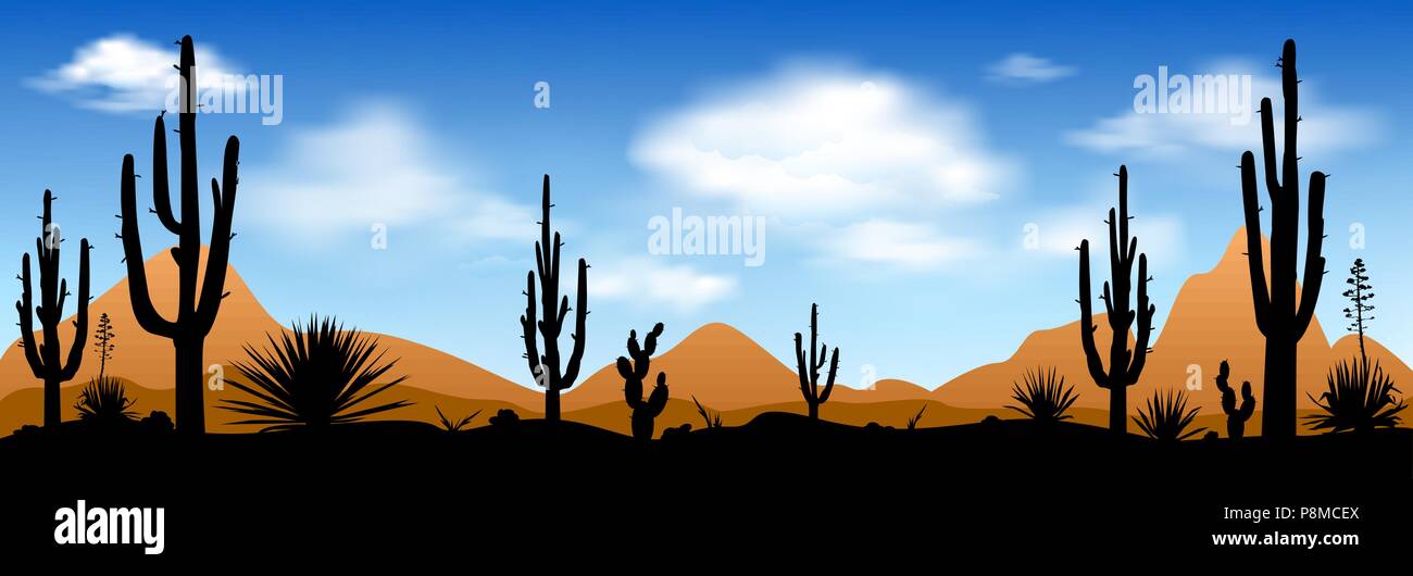 Deserto pietroso con cactus contro il cielo blu e nuvole bianche. Deserto, paesaggio, cactus e altre piante contro il cielo blu. Illustrazione Vettoriale