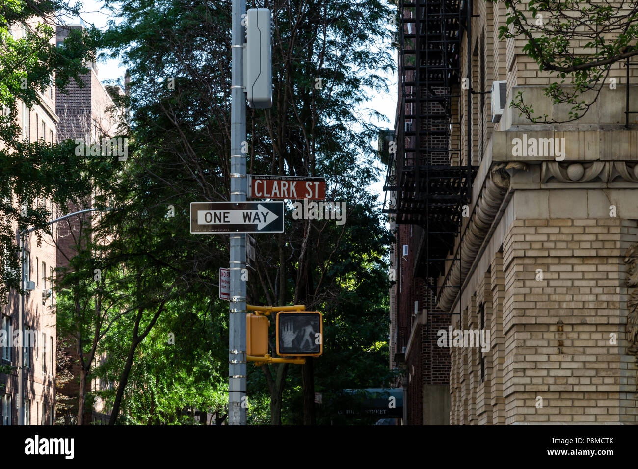 New York, Città / STATI UNITI D'America - 10 LUG 2018: Clark Street segno e semaforo in Brooklyn Heights quartiere di New York City Foto Stock