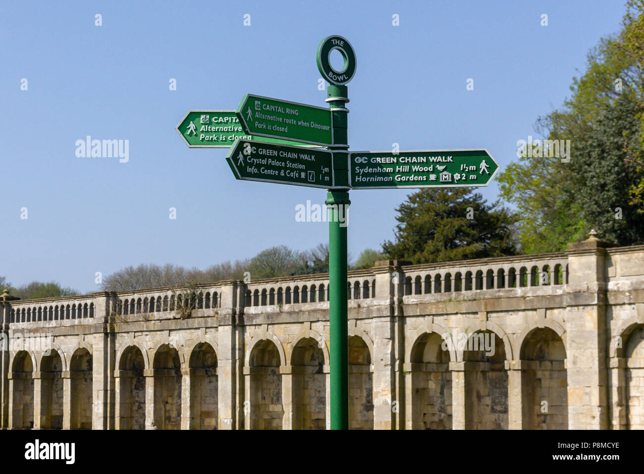 Cartello che forniscono indicazioni per la capitale e anello di catena verde a piedi in Crystal Palace Park, Londra. Foto Stock