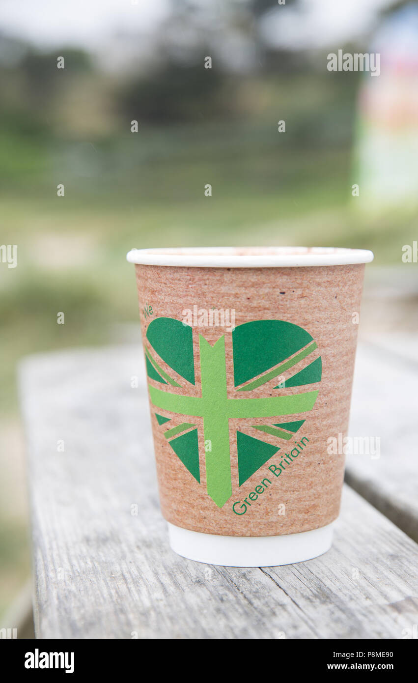 Un biodegradabili e biocompatibili monouso di tazza di caffè con un messaggio di colore verde stampato su dicendo che amiamo la Gran Bretagna Foto Stock