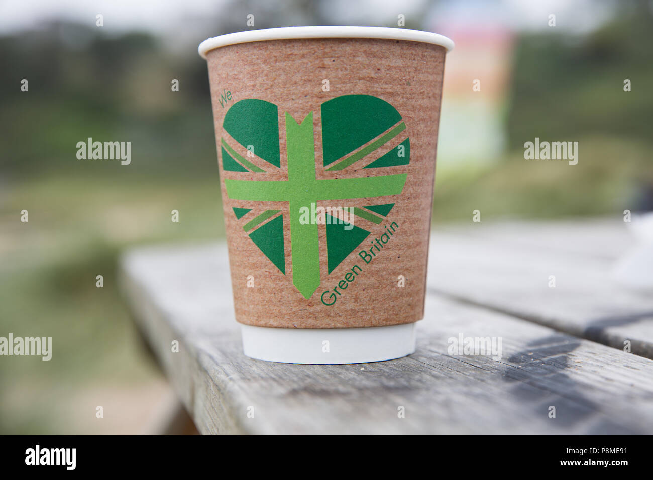 Un biodegradabili e biocompatibili monouso di tazza di caffè con un messaggio di colore verde stampato su dicendo che amiamo la Gran Bretagna Foto Stock