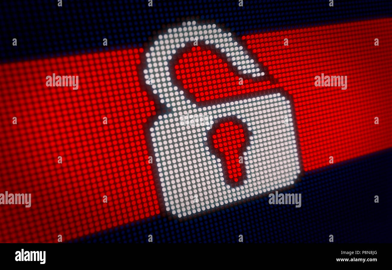 Computer il simbolo del lucchetto sul grande display a LED con pixel di grandi dimensioni. Luce brillante icona internet su lampade schermo stilizzata 3D'illustrazione. Foto Stock