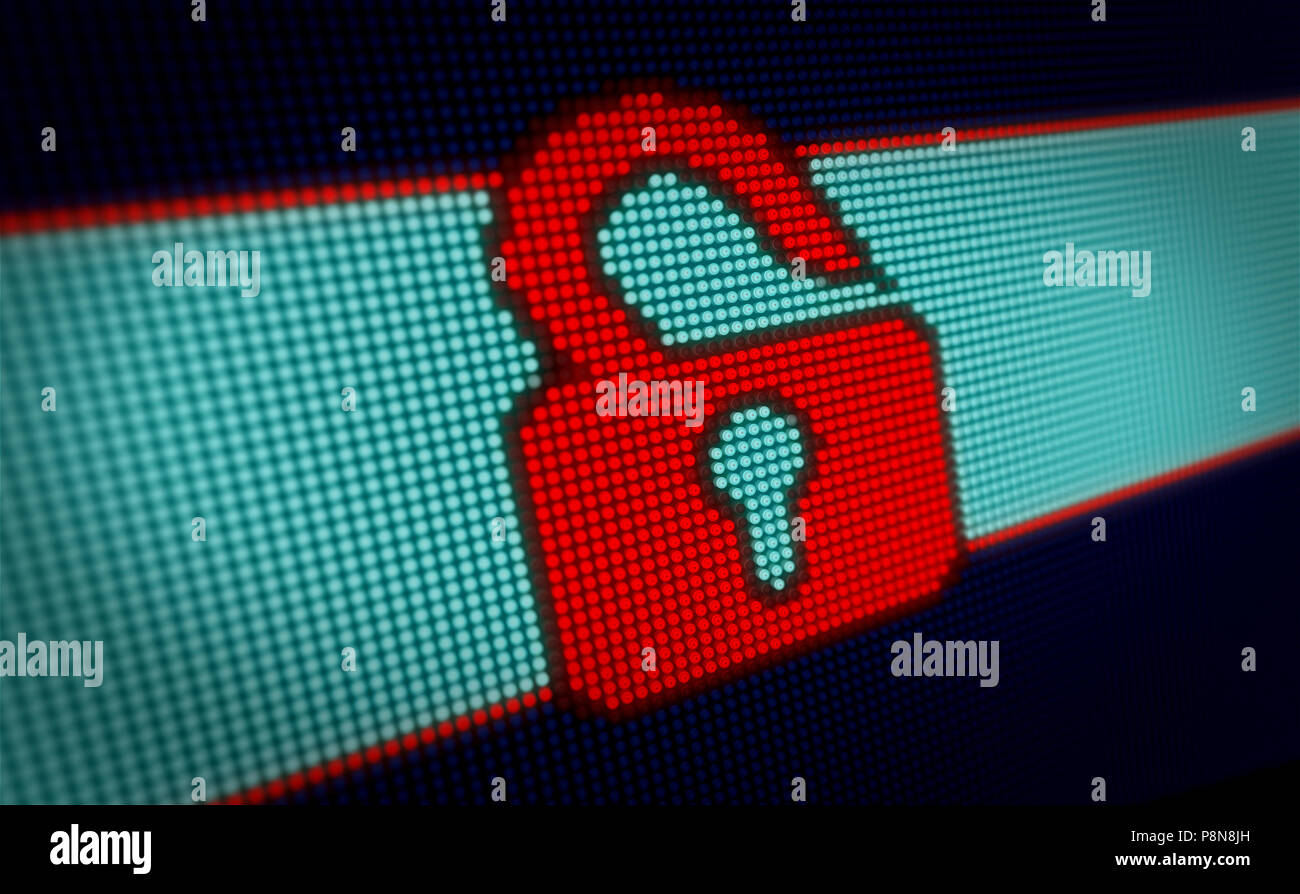 Computer il simbolo del lucchetto sul grande display a LED con pixel di grandi dimensioni. Luce brillante icona internet su lampade schermo stilizzata 3D'illustrazione. Foto Stock