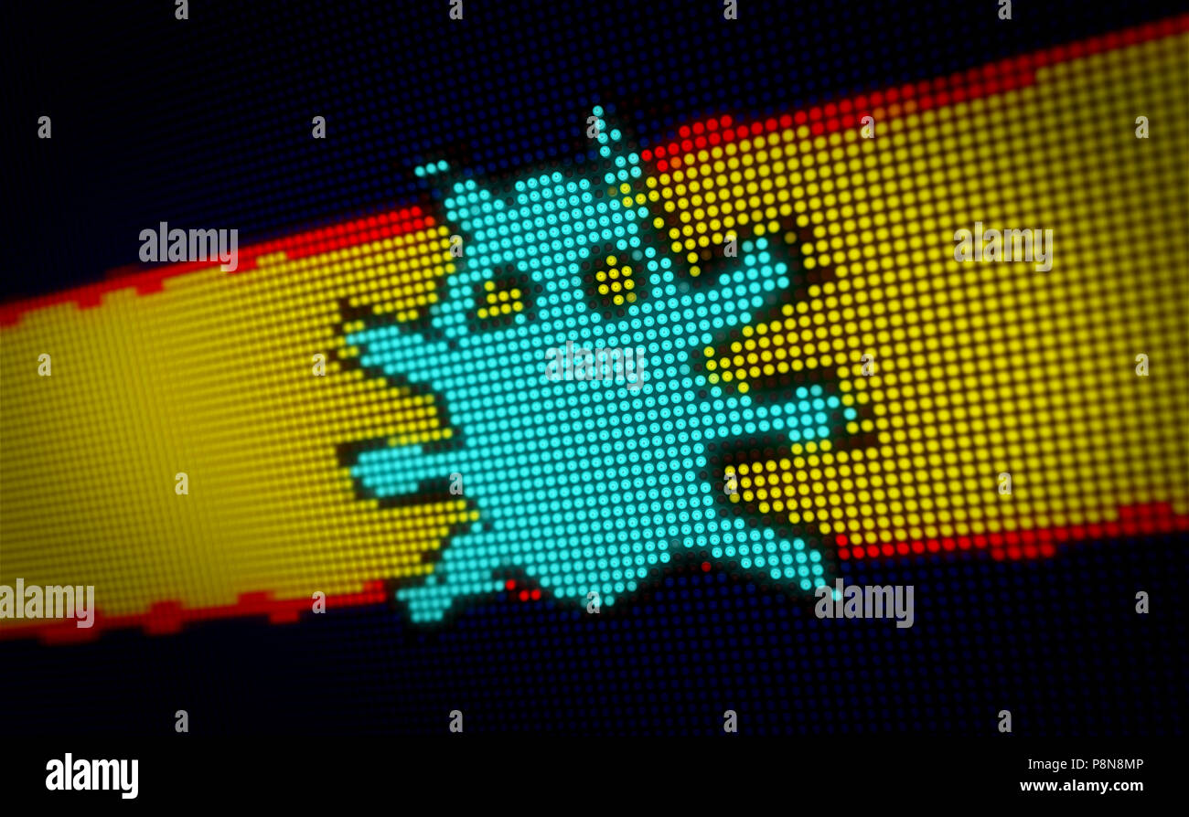 Computer virus simbolo sul grande display a LED con pixel di grandi dimensioni. Luce brillante danger icona su lampade schermo stilizzata 3D'illustrazione. Foto Stock