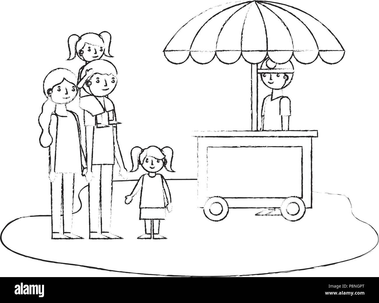 La famiglia felice papà e mamma figlie con stand venditore illustrazione vettoriale schizzo Illustrazione Vettoriale