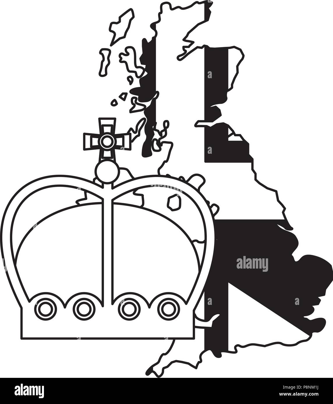 Regno Unito bandiera nella mappa e crown royalty illustrazione vettoriale in bianco e nero Illustrazione Vettoriale