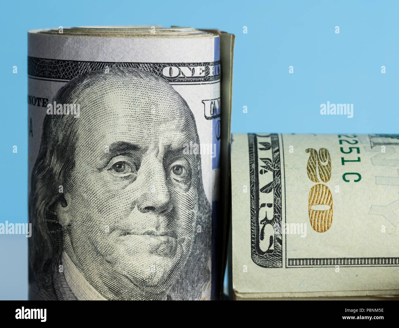 Chiudere la macro di Benjamin Franklin su 100 US dollar nota Foto Stock