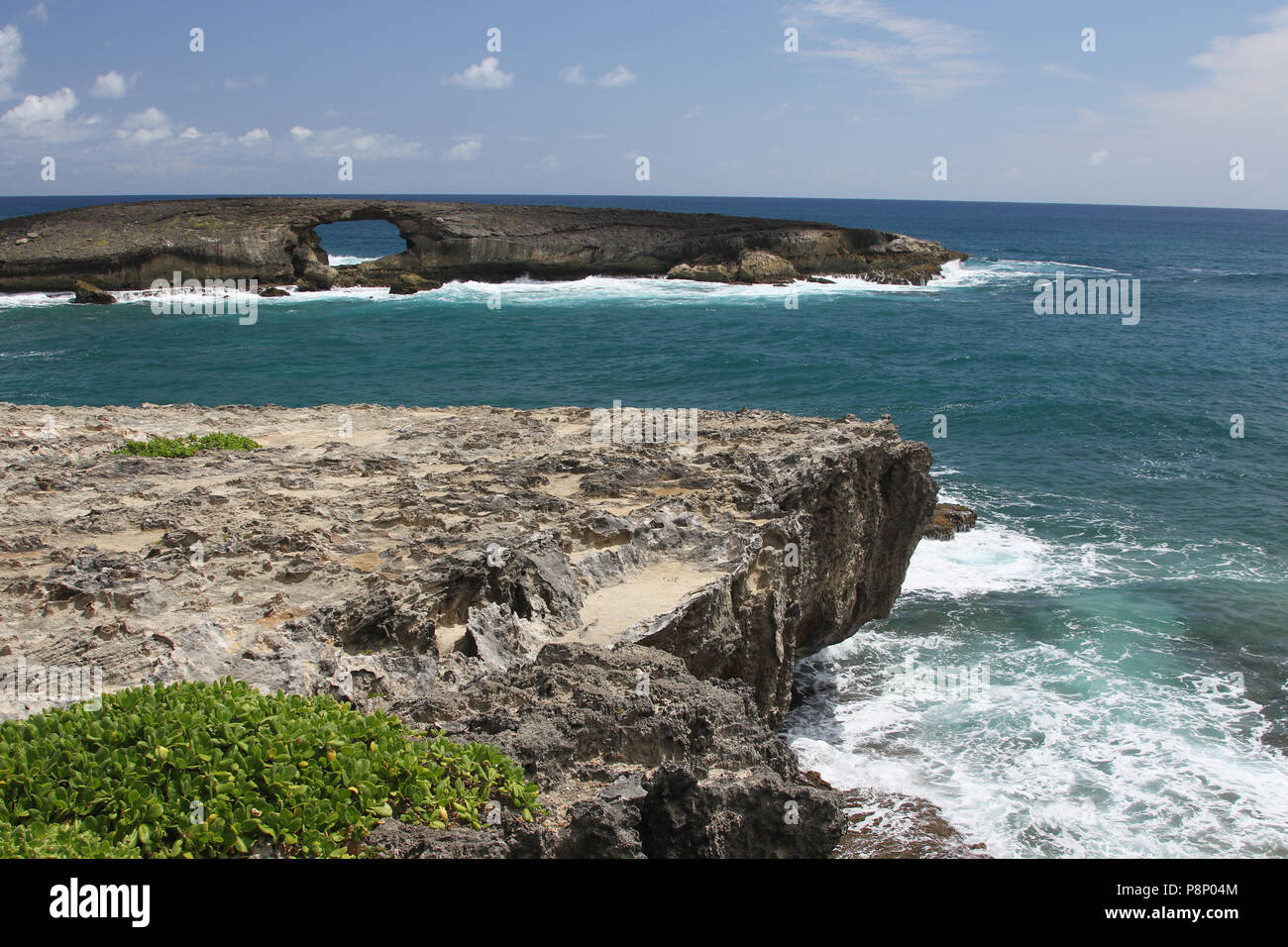 La roccia vulcanica con vedere attraverso il portale. Punto Laie, Oahu Island, Hawaii, Stati Uniti d'America. Foto Stock