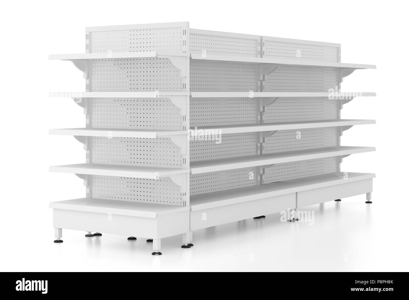 Set di svuotare scaffali del supermercato isolato su sfondo bianco. Includere il percorso di clipping. 3D render Foto Stock