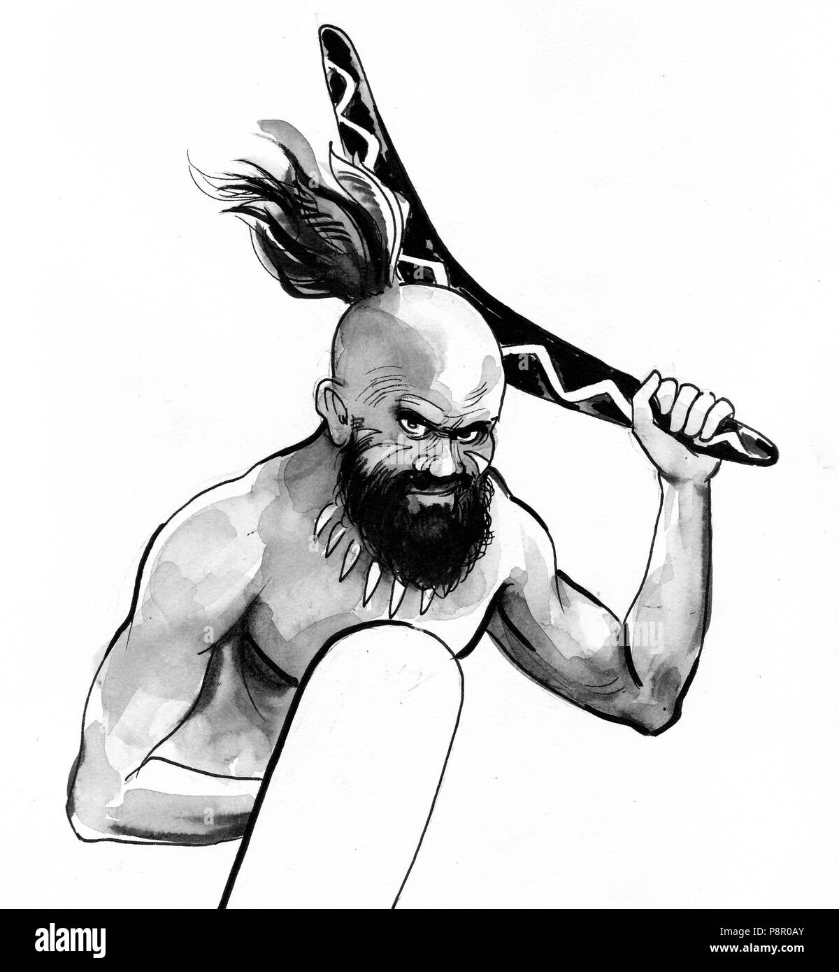 Aborigeni Australiani guerriero con un boomerang. L'inchiostro bianco e nero illustrazione Foto Stock