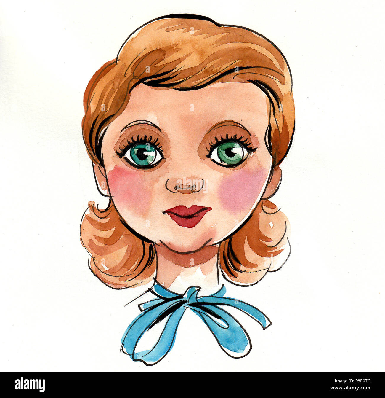 Acquerello testa di bambola. China e acquarello illustrazione Foto Stock