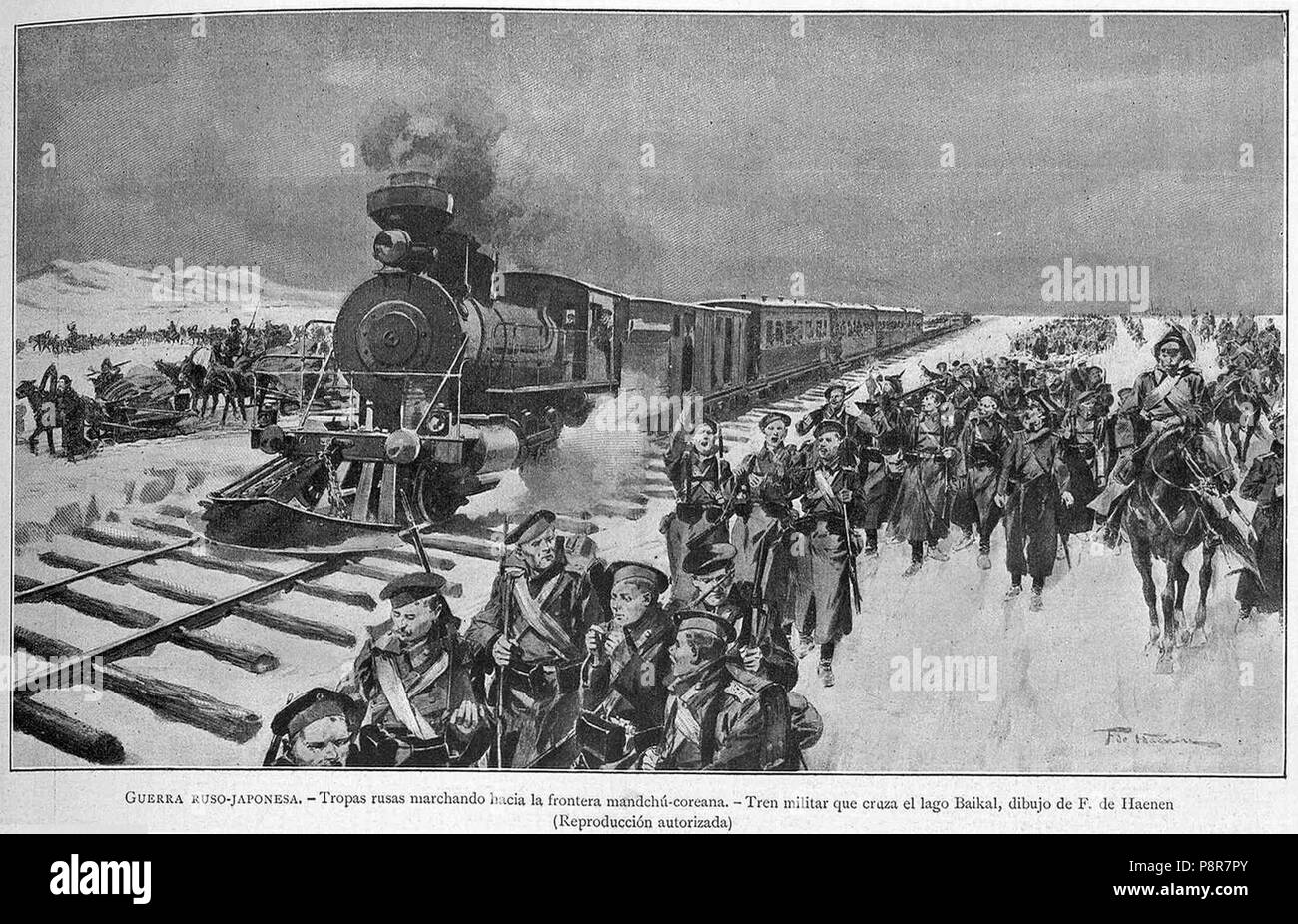 562 Tropas marchando hacia la frontera mandchú-coreana, tren militar que cruza el lago Baikal Foto Stock