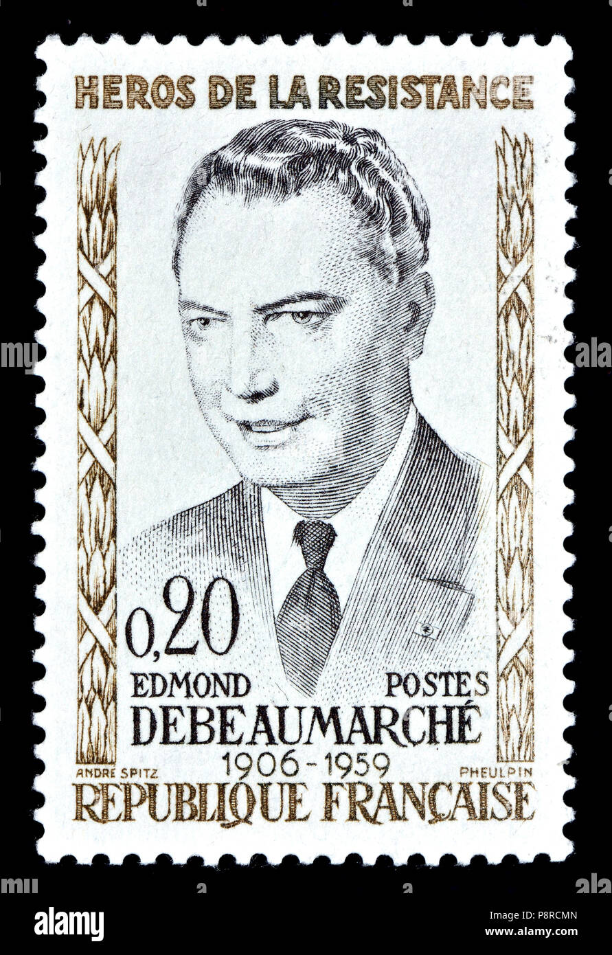 Il francese francobollo (1960) : Edmond Debeaumarché (1906 - 1959) francese lavoratore postale, membro della resistenza francese durante la Seconda Guerra Mondiale. Foto Stock