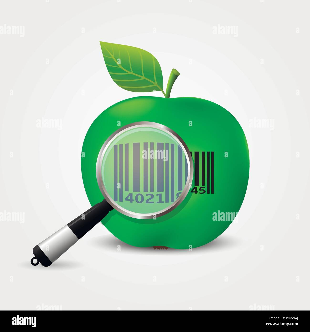 Lente di ingrandimento il controllo del codice a barre sulla mela verde. Illustrazione Vettoriale. Illustrazione Vettoriale