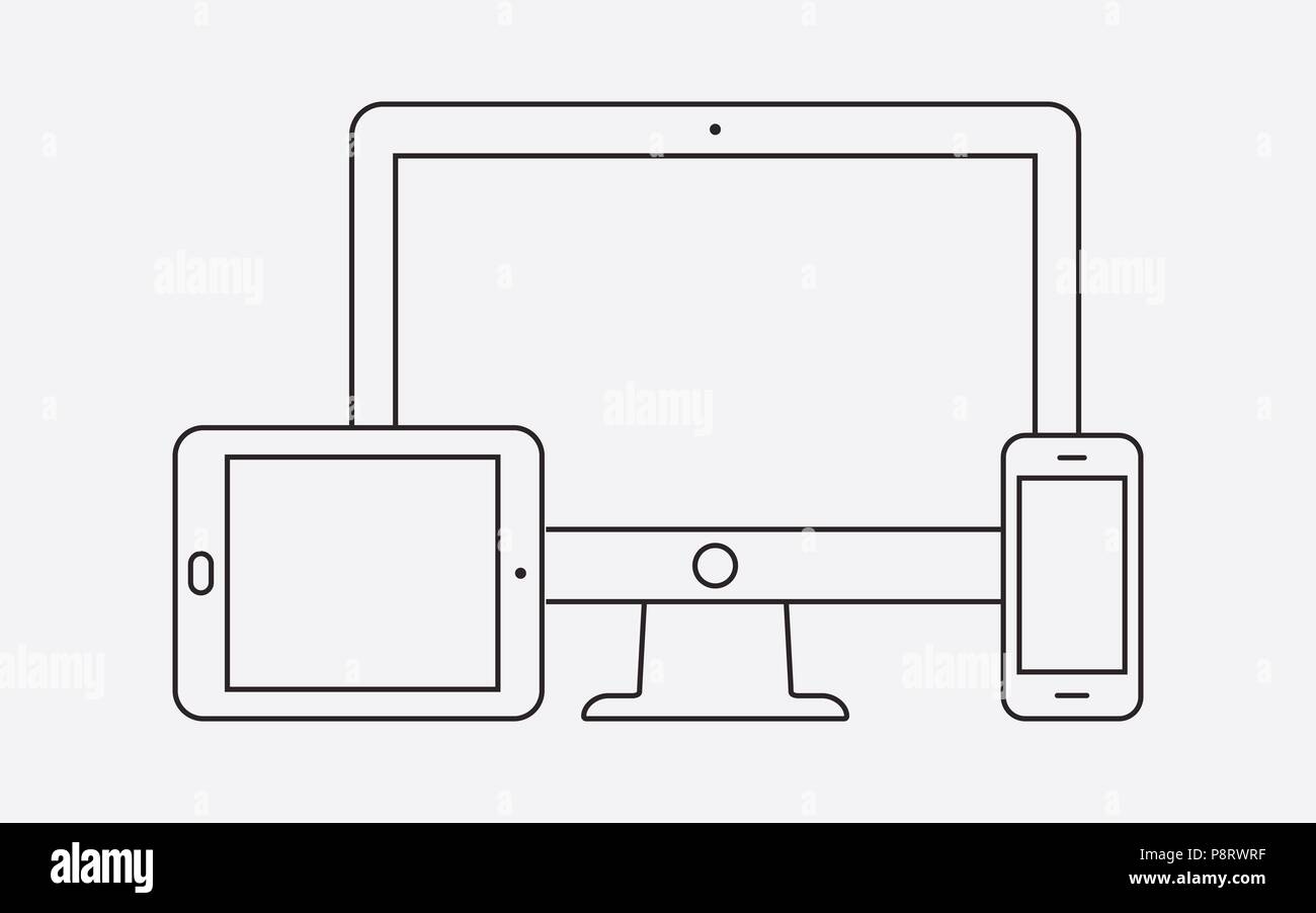 Moderni dispositivi digitali di una linea sottile e la relativa icona. Illustrazione Vettoriale. Illustrazione Vettoriale