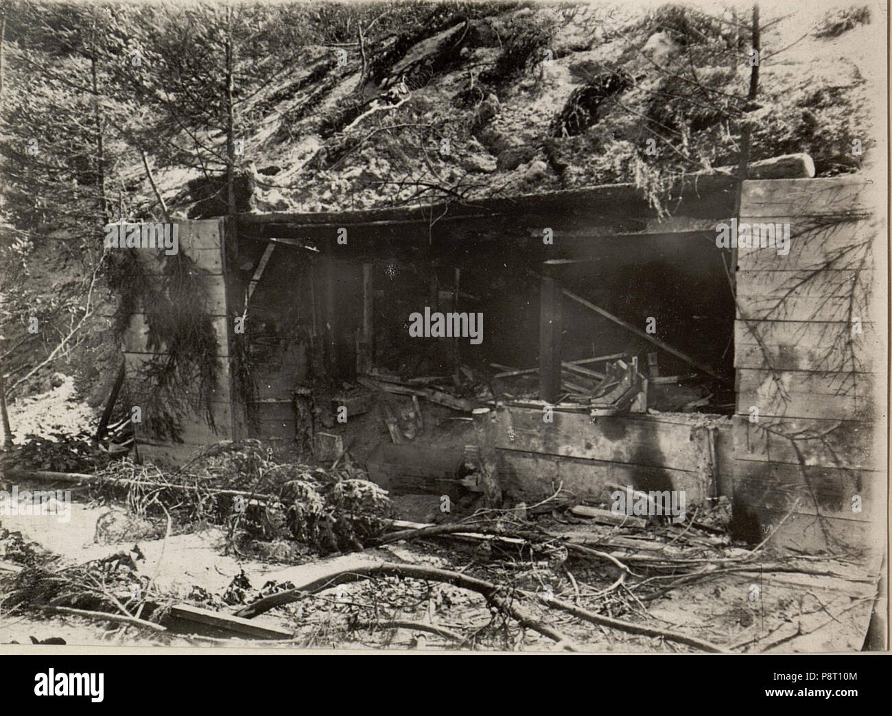 . 22 42 cm Haubitzen Stellung im Canaltal bei GUGG. Volltreffer im deposito di munizioni. (BildID 15479312) Foto Stock