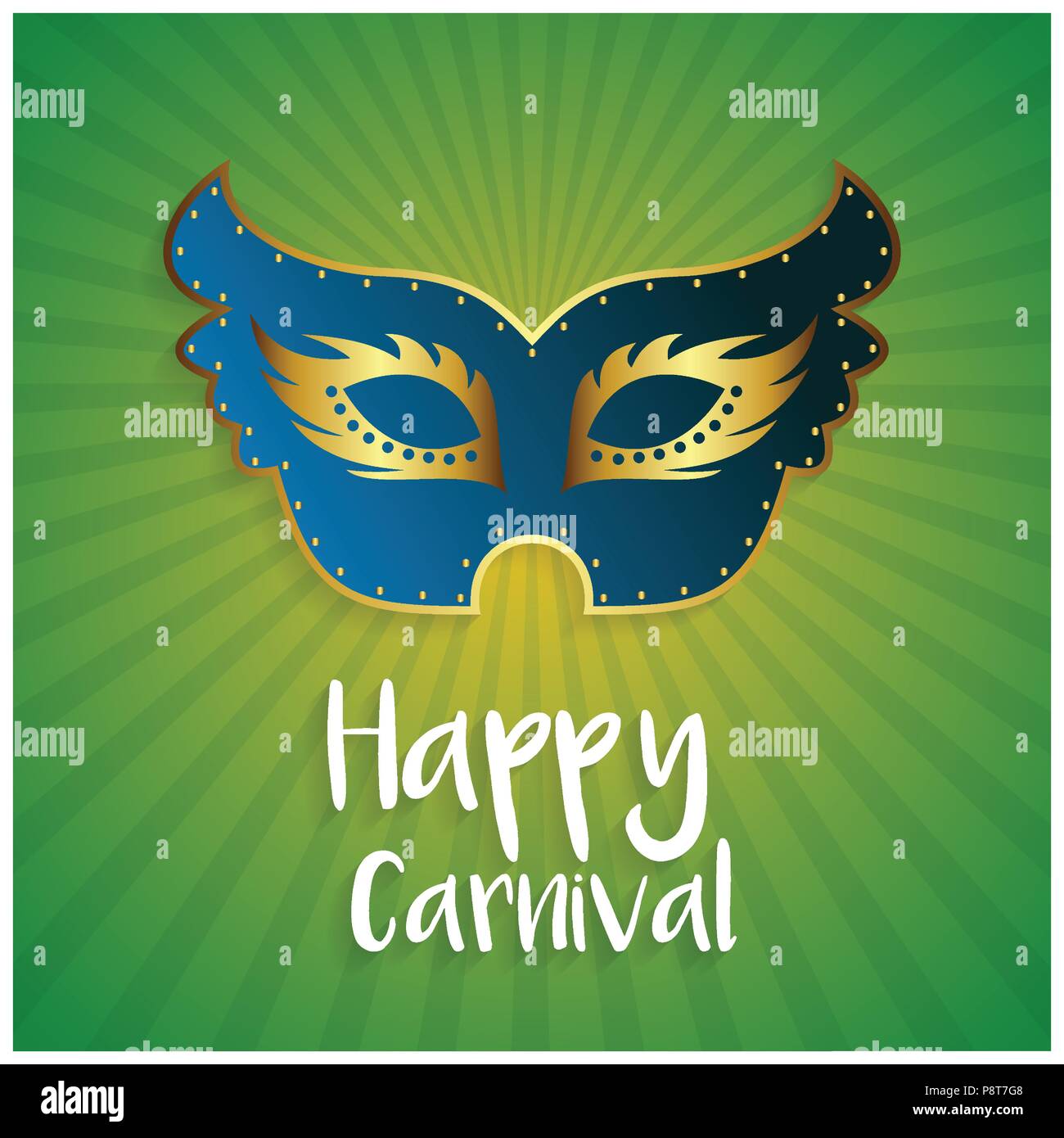 Felice brasiliano giorno di Carnevale. Colore blu maschera di carnevale con golden gli elementi di design e tipografia bianco su verde sfondo astratto. Per il web design una Illustrazione Vettoriale