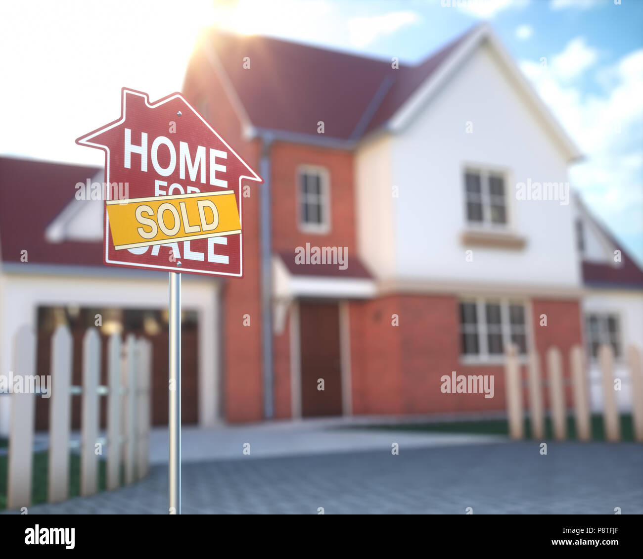 Casa in vendita immobiliare segno davanti della bella casa con il fascio di luce del sole proveniente dallo sfondo. Home business e finanza concetto. Foto Stock