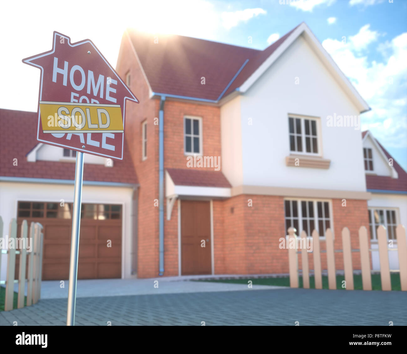 Casa in vendita immobiliare segno davanti della bella casa con il fascio di luce del sole proveniente dallo sfondo. Home business e finanza concetto. Foto Stock