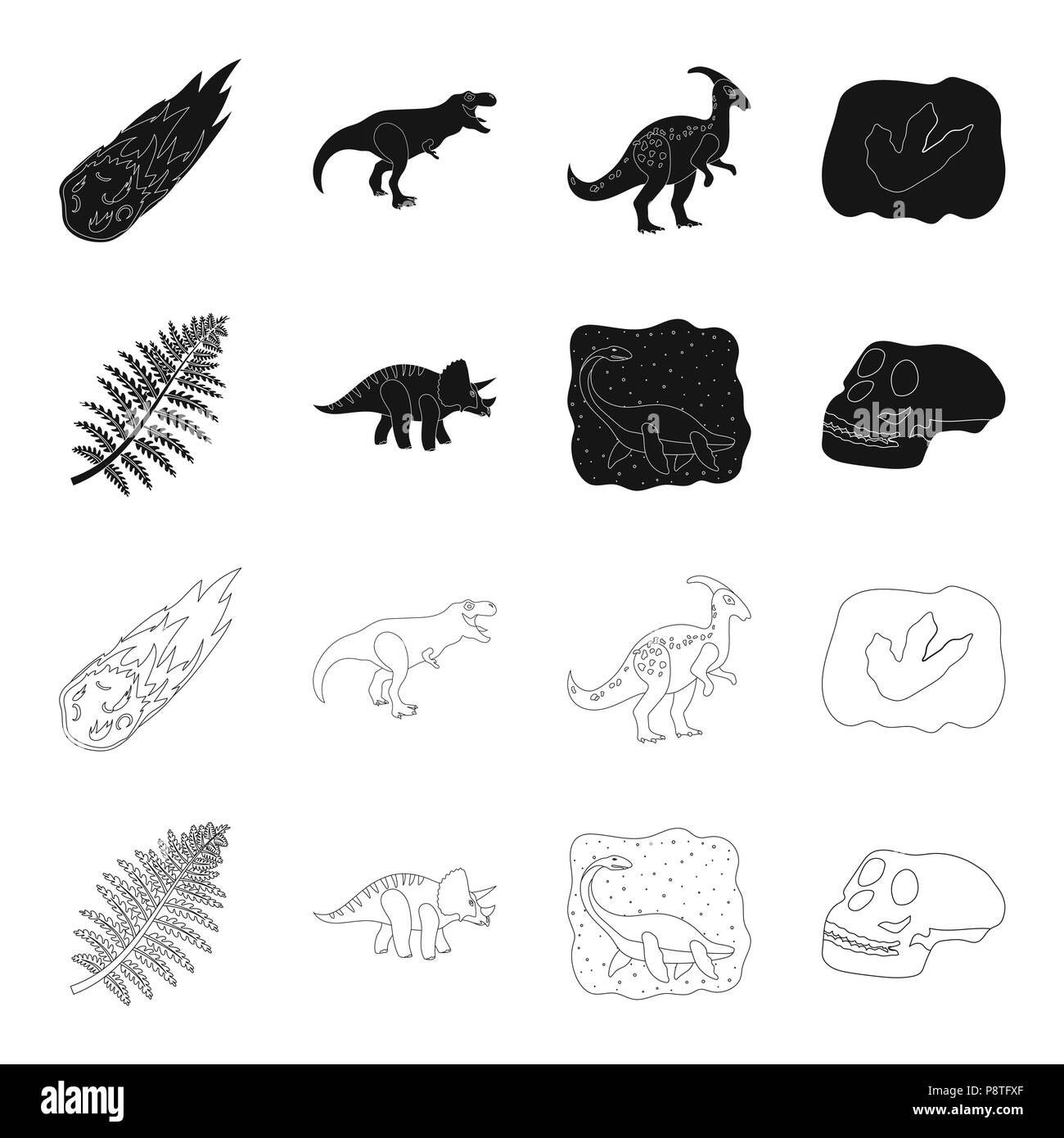 Mare,dinosauro triceratops, impianto di epoca preistorica, teschio umano. Dinosauro e periodo preistorico set di icone di raccolta in nero,Outline stile simbolo vettore st Illustrazione Vettoriale