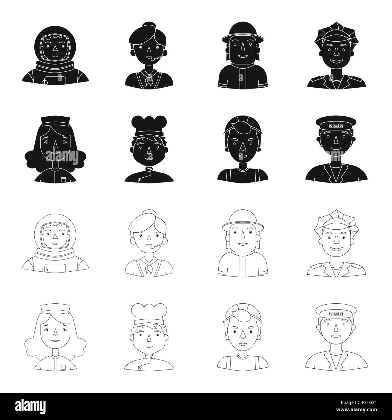 Un infermiere in una vestaglia, un cuoco , un costruttore, un taxi driver .Persone di diverse professioni set di icone di raccolta in nero,stile struttura symb vettore Illustrazione Vettoriale