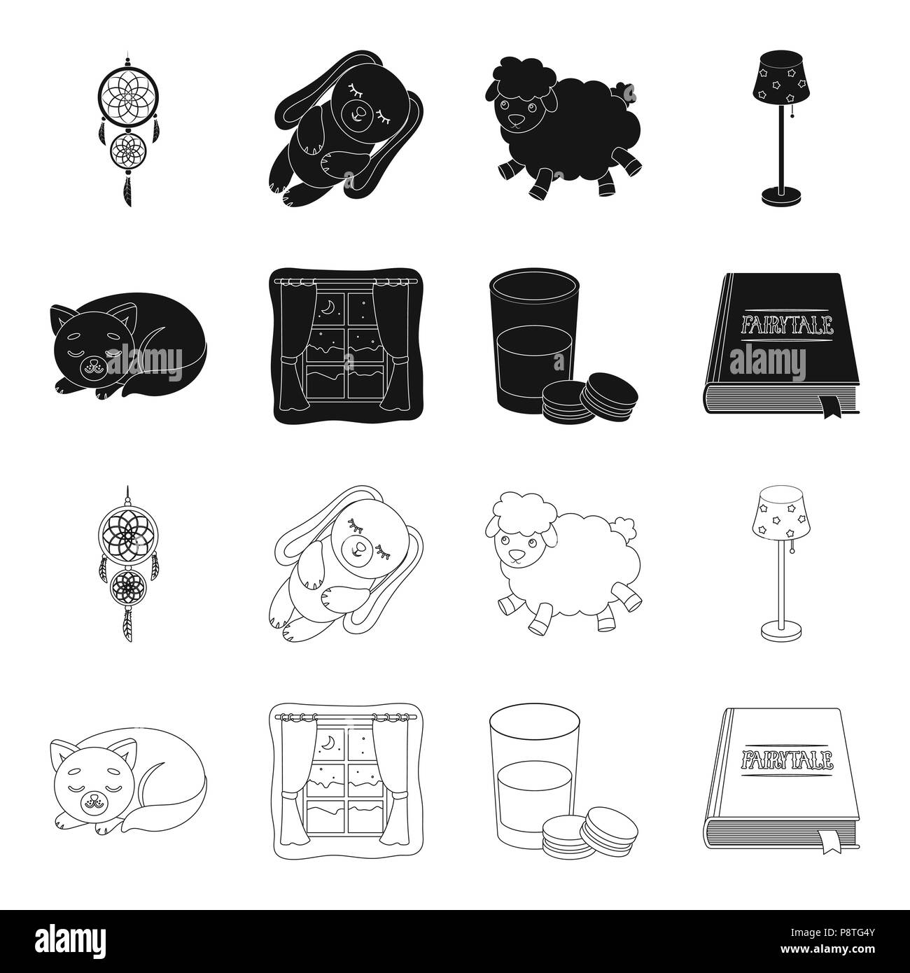 Gatto pelo, notte al di fuori della finestra, latte e biscotti, favole. Il riposo e il sonno set di icone di raccolta in nero,Outline stile simbolo di vettore di stock Illustrazione Vettoriale