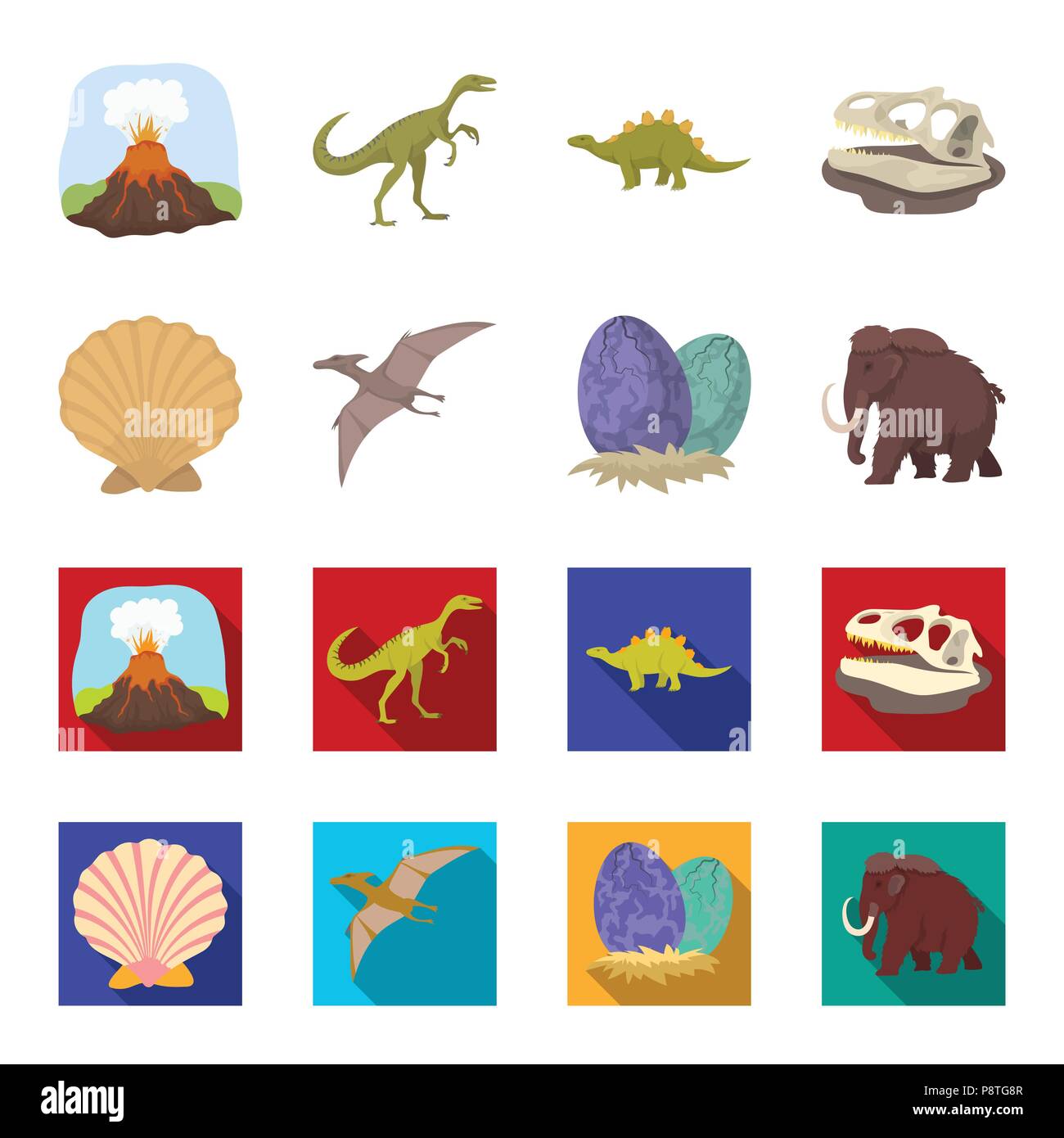 Guscio di epoca preistorica, uova di dinosauro,pterodactyl, Mammoth. Dinosauro e periodo preistorico set di icone di raccolta in cartoon,stile piatto simbolo vettore stock Illustrazione Vettoriale