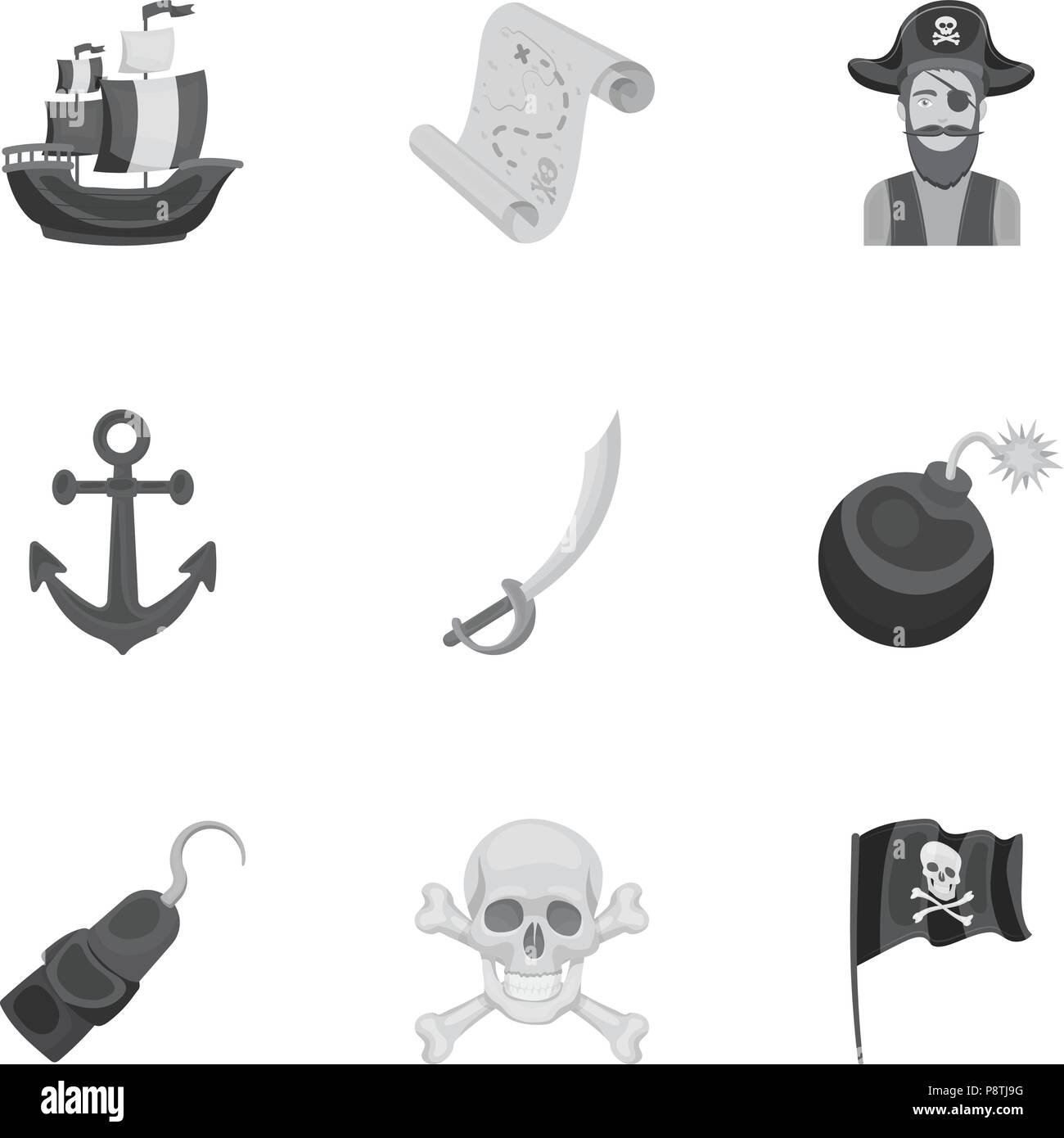 I pirati impostare le icone nel design monocromatico. Grande raccolta di pirati simbolo vettore illustrazione stock Illustrazione Vettoriale