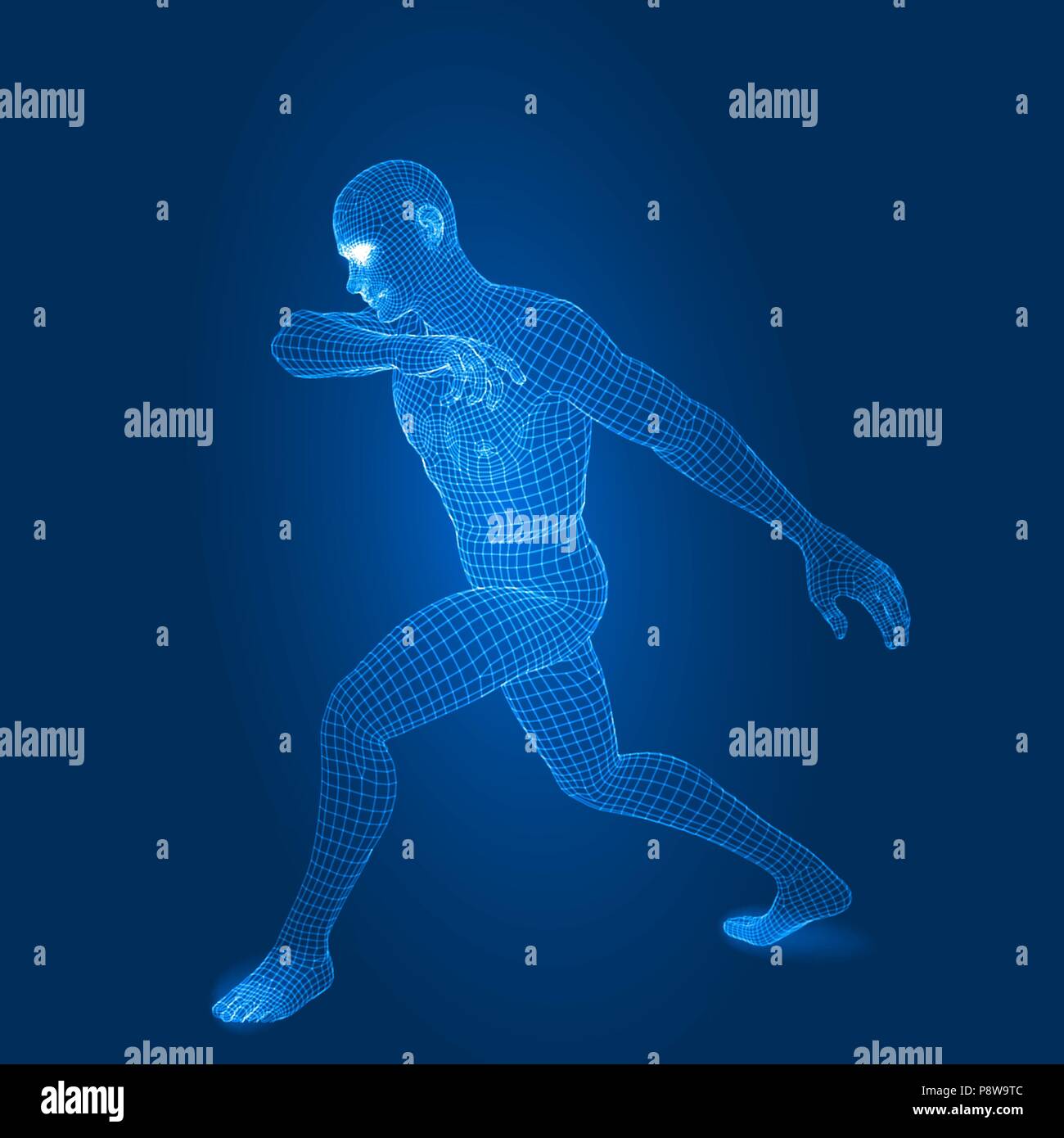 Uomo digitale figura nella lotta pongono 3d stile wireframe illustrazione vettoriale Illustrazione Vettoriale