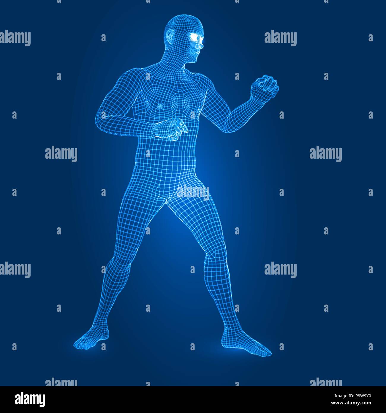 Uomo digitale figura nella lotta guard pongono 3d stile wireframe illustrazione vettoriale Illustrazione Vettoriale