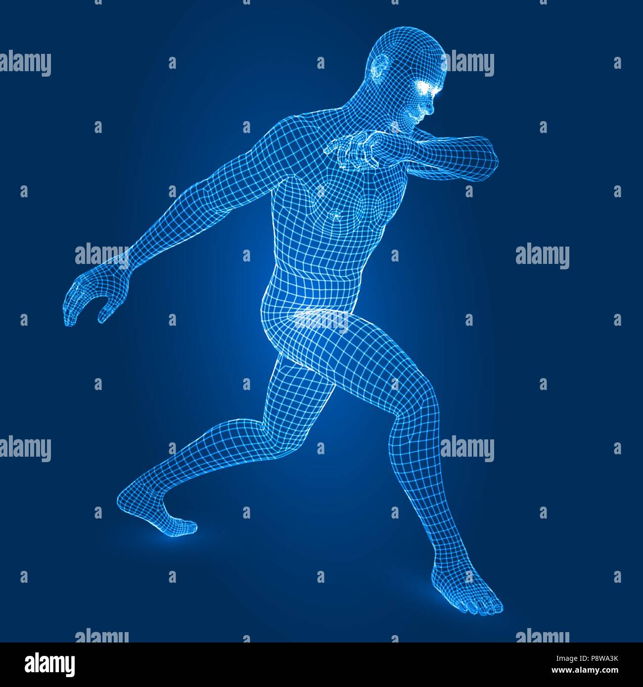Uomo digitale figura nella lotta pongono 3d stile wireframe illustrazione vettoriale. Illustrazione Vettoriale