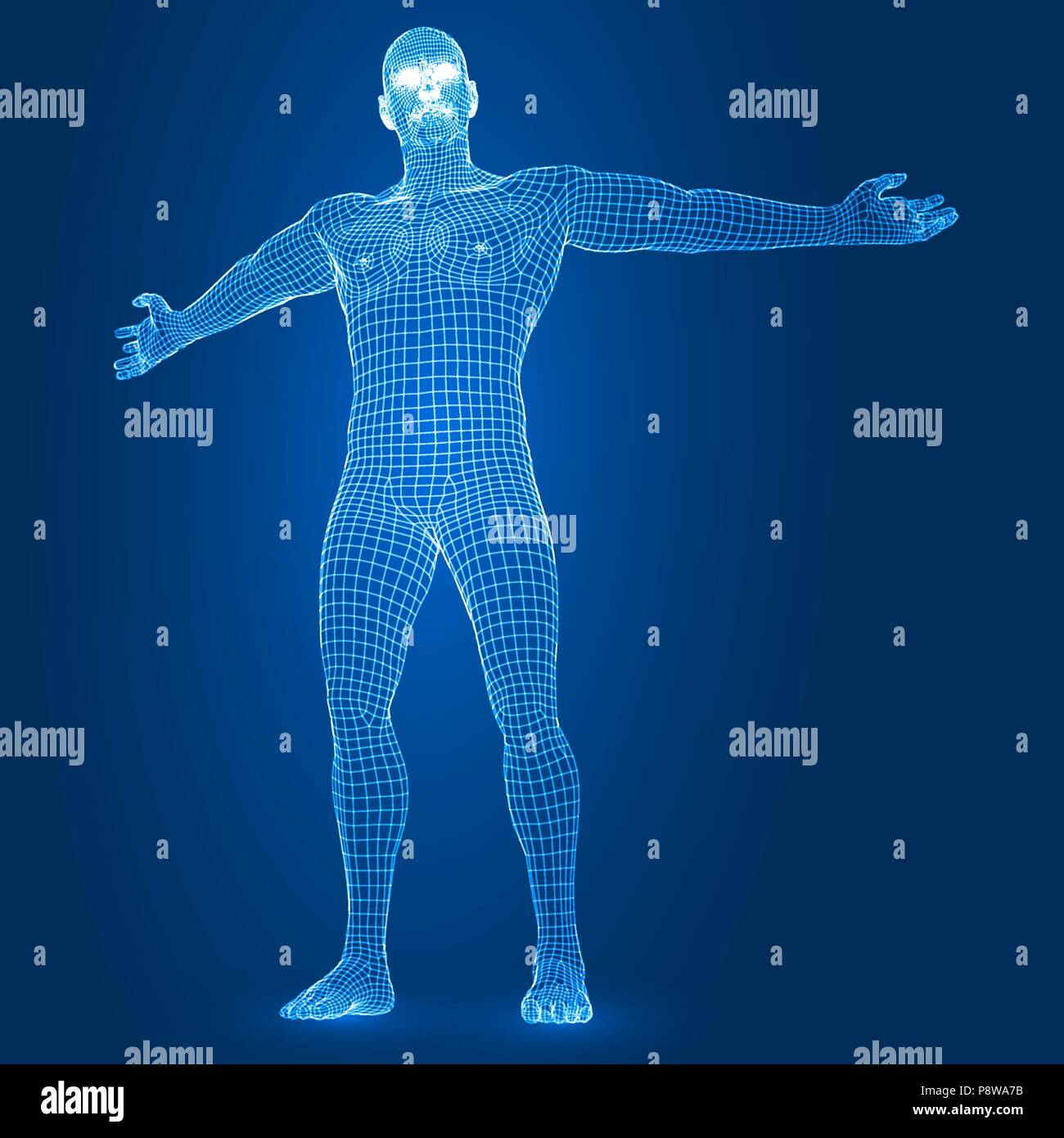 Digitale stimolante figura maschile. 3d stile wireframe illustrazione vettoriale Illustrazione Vettoriale