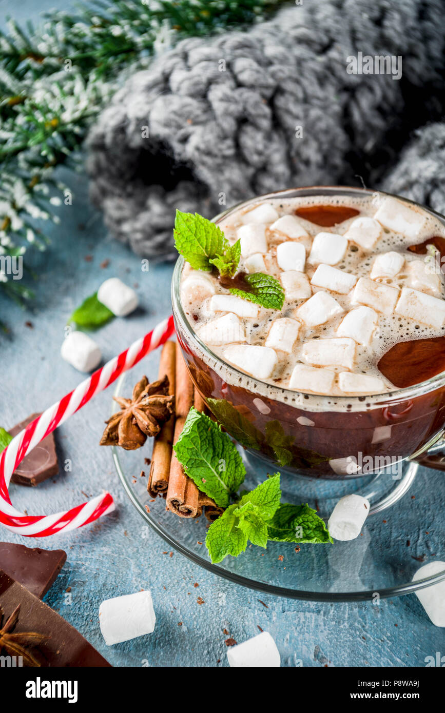 In casa la cioccolata calda con la menta, candy cane e marshmallow, luce sfondo blu con la calda coperta, spazio di copia Foto Stock