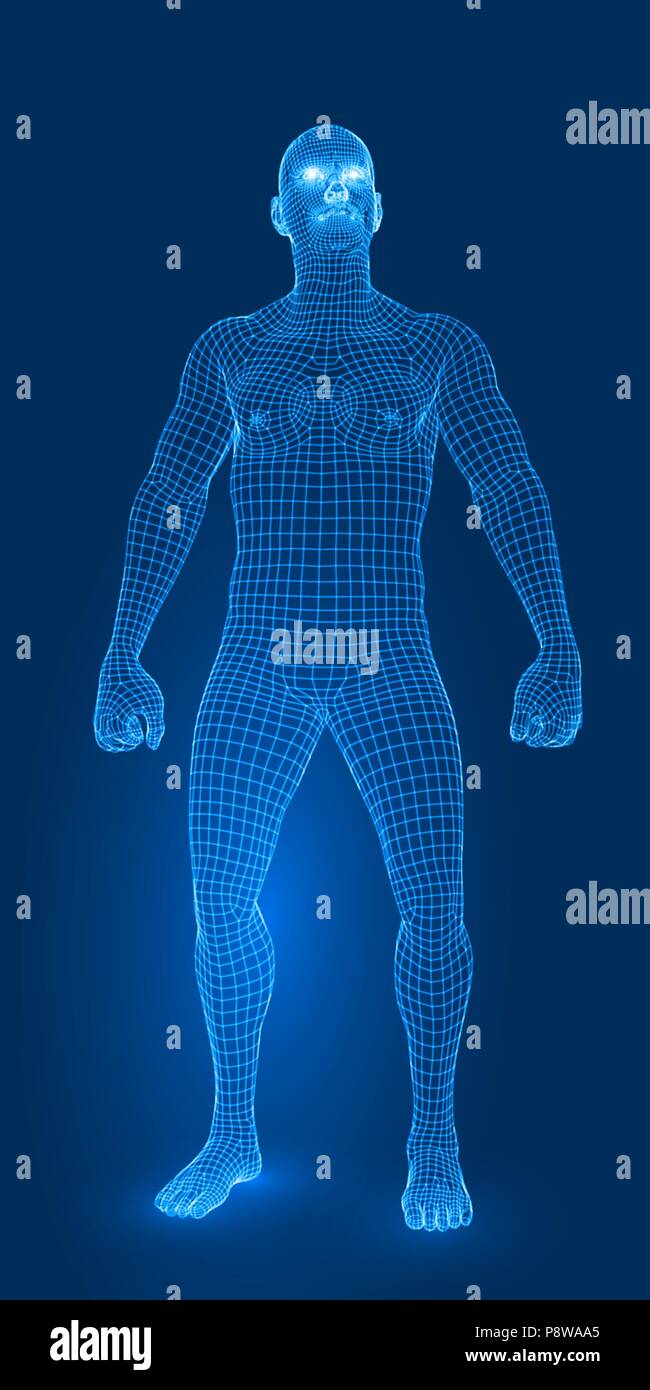 Uomo digitale figura nella lotta pongono 3d stile wireframe illustrazione vettoriale Illustrazione Vettoriale