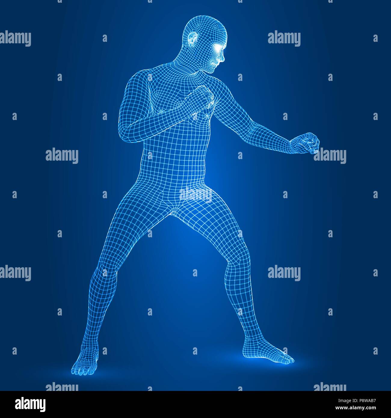 Uomo digitale figura nella lotta guard pongono 3d stile wireframe illustrazione vettoriale Illustrazione Vettoriale