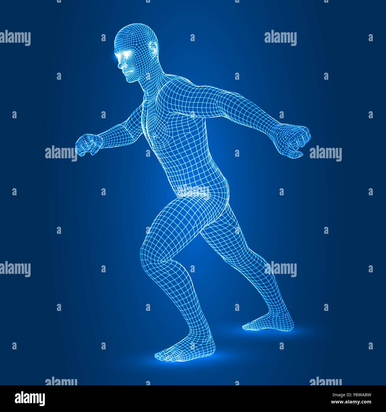 Uomo digitale figura in esecuzione di posa 3d stile wireframe illustrazione vettoriale Illustrazione Vettoriale