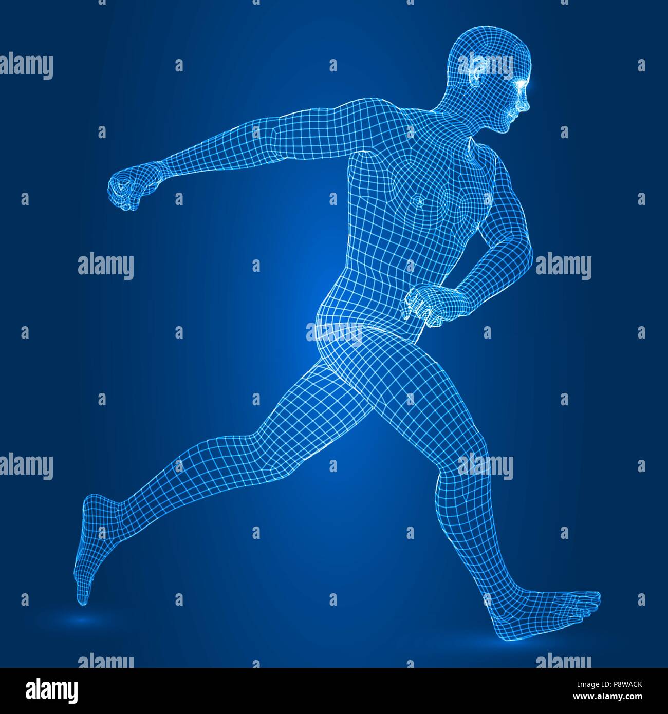 Uomo digitale figura in esecuzione di posa 3d stile wireframe illustrazione vettoriale. Illustrazione Vettoriale