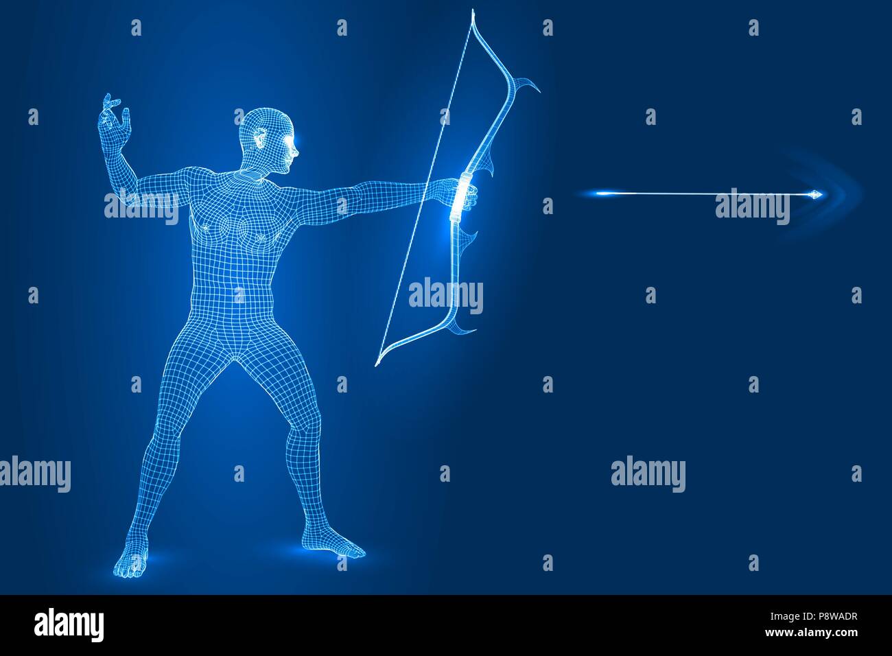 Uomo digitale figura come archer, 3d stile wireframe illustrazione vettoriale. Illustrazione Vettoriale