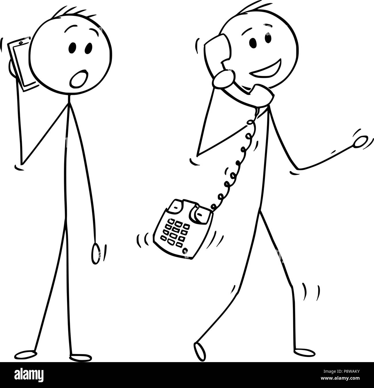 Cartoon di uomo a piedi o imprenditore facendo una telefonata con il vecchio Tavolo telefono Illustrazione Vettoriale