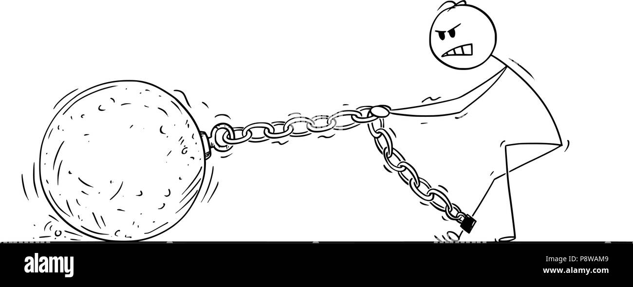 Cartoon di uomo o imprenditore tirando grande palla di ferro concatenati per la sua gamba Illustrazione Vettoriale