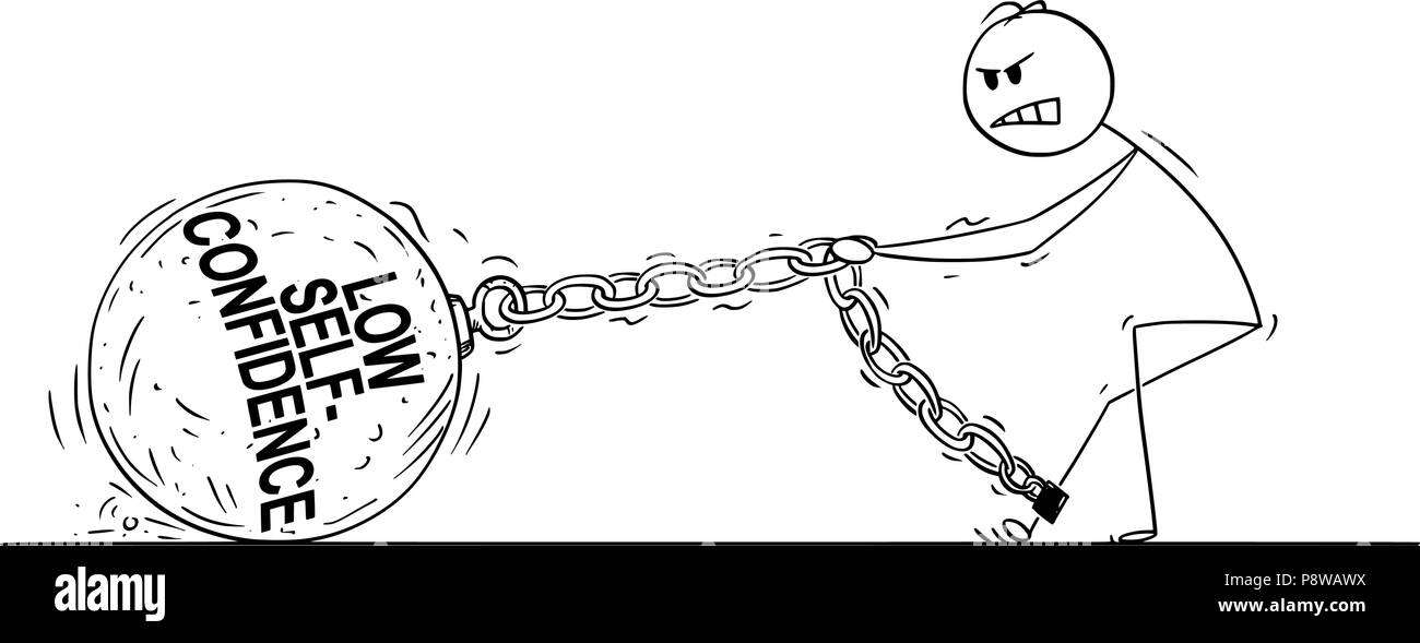 Cartoon di uomo o imprenditore tirando grande palla di ferro con bassa Self-Confidence testo concatenati per la sua gamba Illustrazione Vettoriale