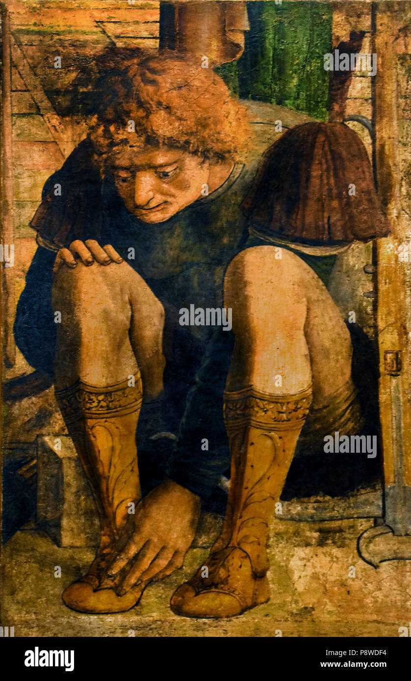 Prima il martirio di San Sebastiano con un accovacciato Archer che toglie il suo pantaloni da pittore padovano Italia del Quattrocento italiano Foto Stock