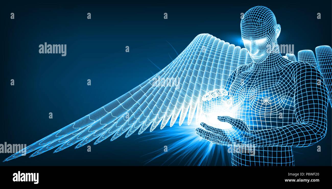 L'angelo di intelligenza artificiale tenendo in mano il futuro dell'umanità Illustrazione Vettoriale