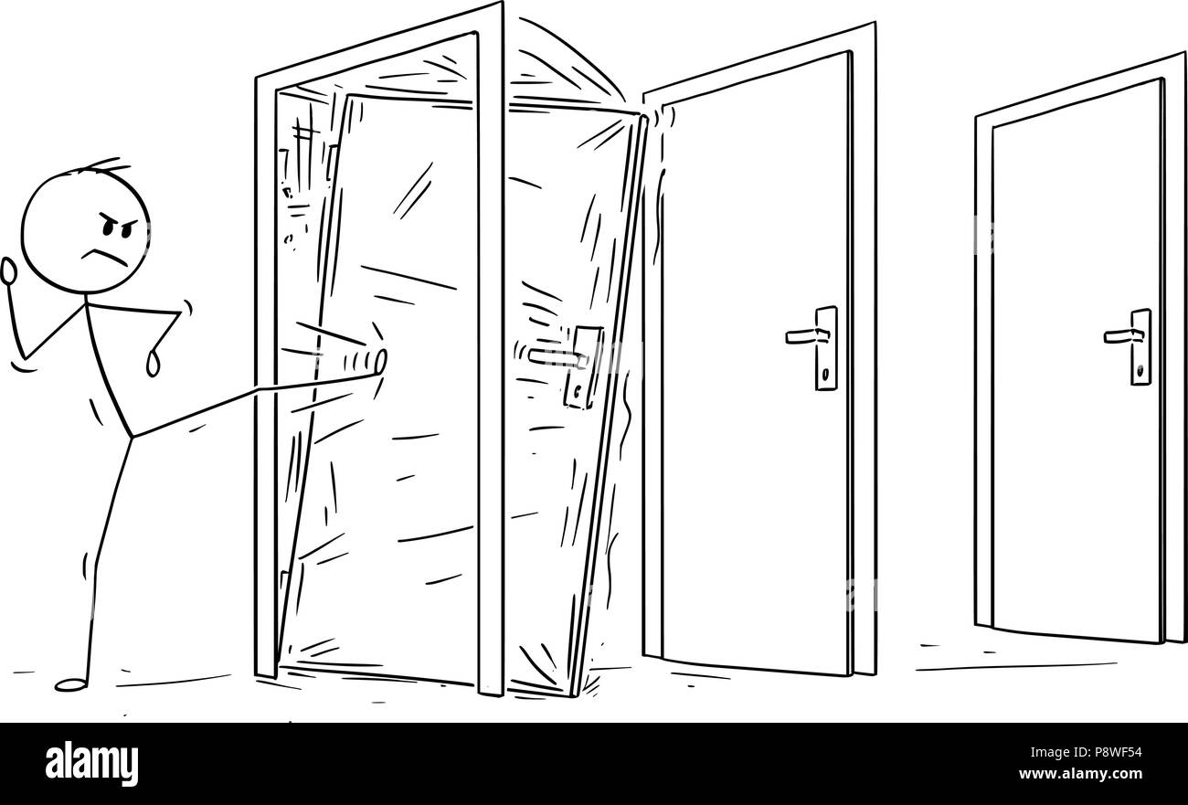 Cartoon di uomo o imprenditore calci la porta bloccata Illustrazione Vettoriale