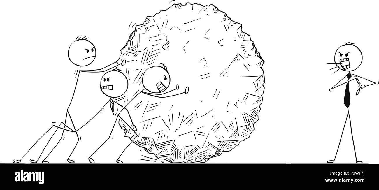 Cartoon del Team aziendale spingendo grande palla di pietra mentre Manager è urlare Illustrazione Vettoriale