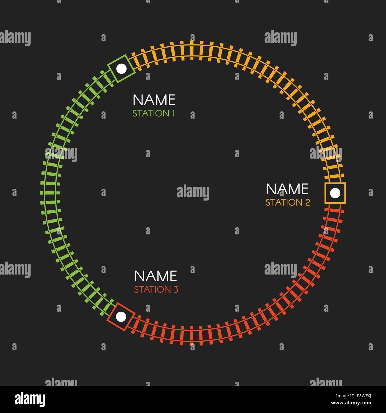 Treno round via logo. Ferrovia, ferroviaria semplice icona, binario direzione, illustrazioni vettoriali in backgroud neri e colorati di scale, dalle stazioni della metropolitana mappa, elementi infografico. Illustrazione Vettoriale