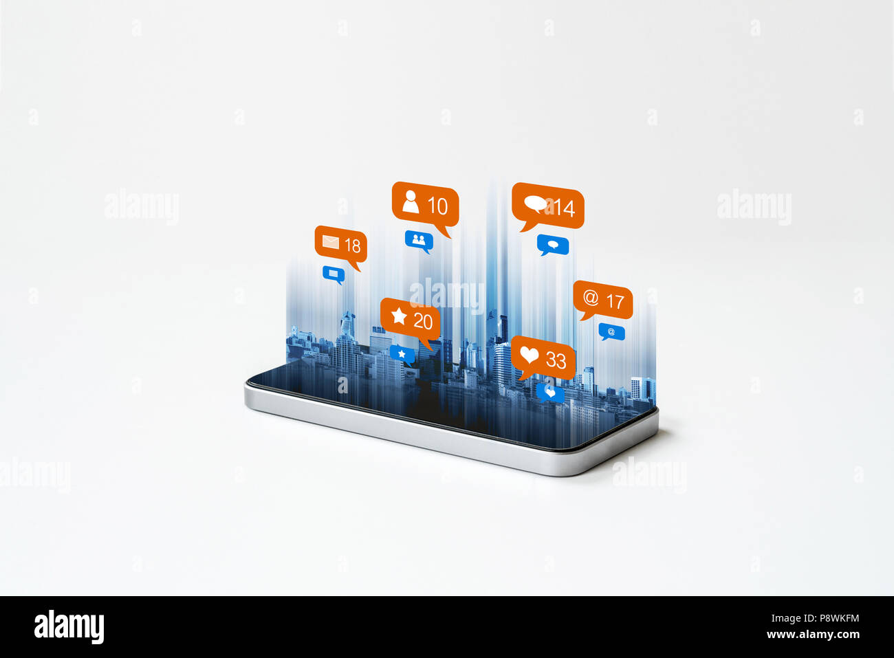 Mobile smart phone technology, con i social media, rete sociale icone di notifica. su sfondo bianco Foto Stock