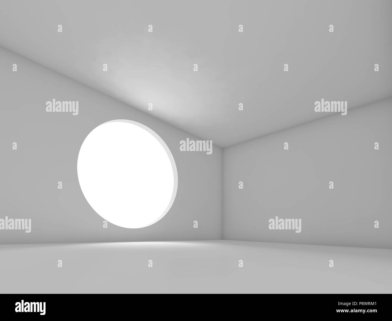 Abstract interni bianchi sfondo, stanza vuota rotonde con finestra di luce. 3D render illustrazione Foto Stock