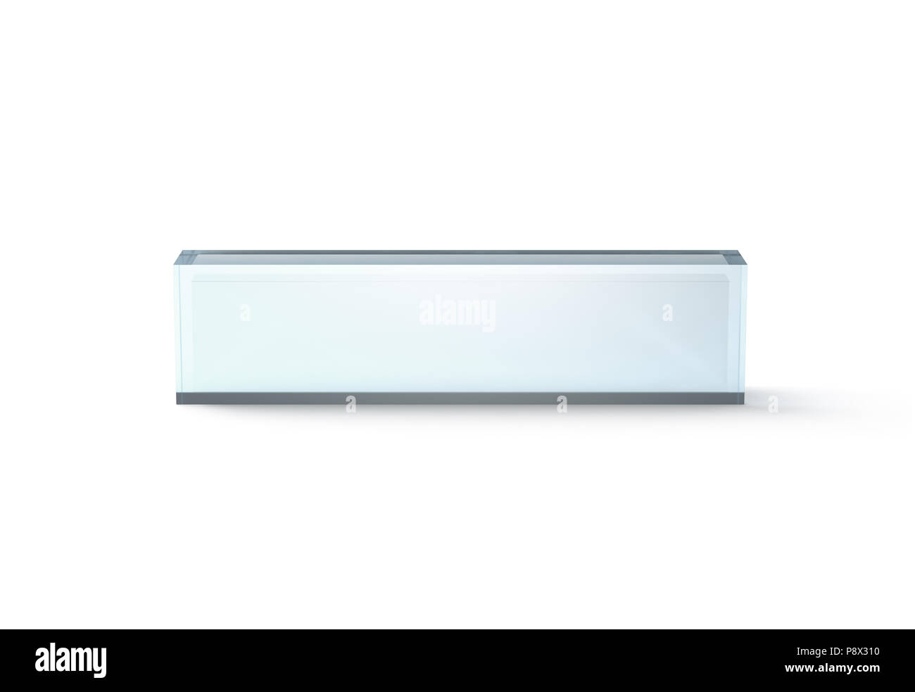 Vuoto in vetro trasparente desk blocco mockup, vista frontale, rendering 3d. Nome chiaro progetto piastra mock up. In plastica vuoto modello namplate isolati su whit Foto Stock